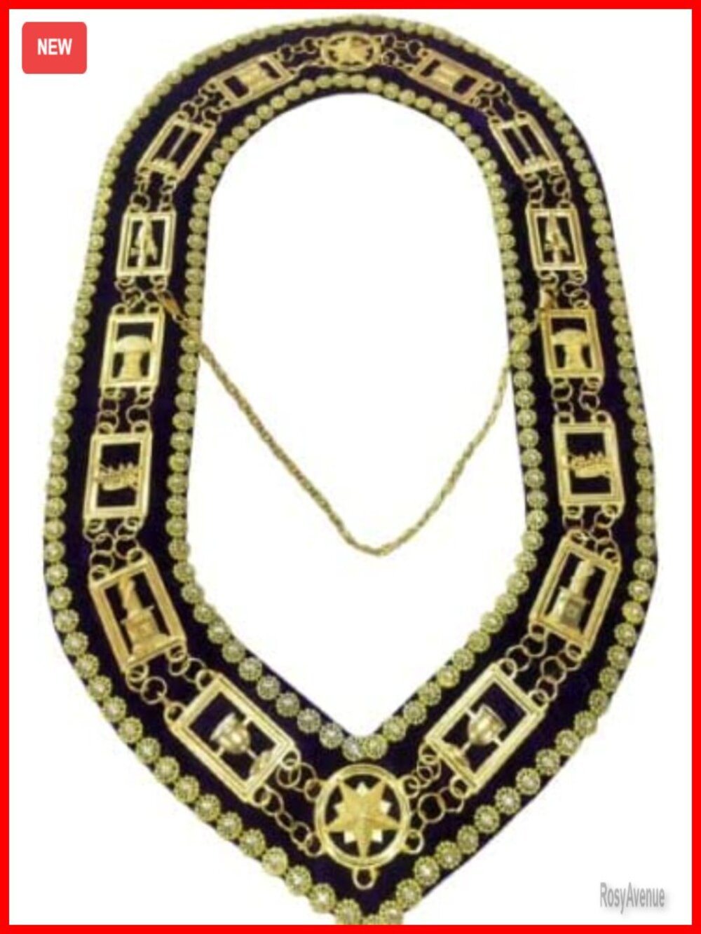 OES Eastern Star Masonic Chain Collar with Purple Velvet Backing Gold Plated